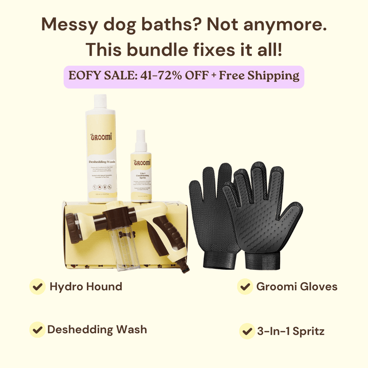 GROOMI Bath Bundle for dogs – the all-in-one dog wash kit with Hydro Hound sprayer, Deshedding Wash, 3-in-1 Spritz, and Grooming Gloves. Enjoy easy, mess-free dog baths at home. Perfect for shedding dogs. On sale now with up to 50% off and free shipping across Australia and worldwide. 