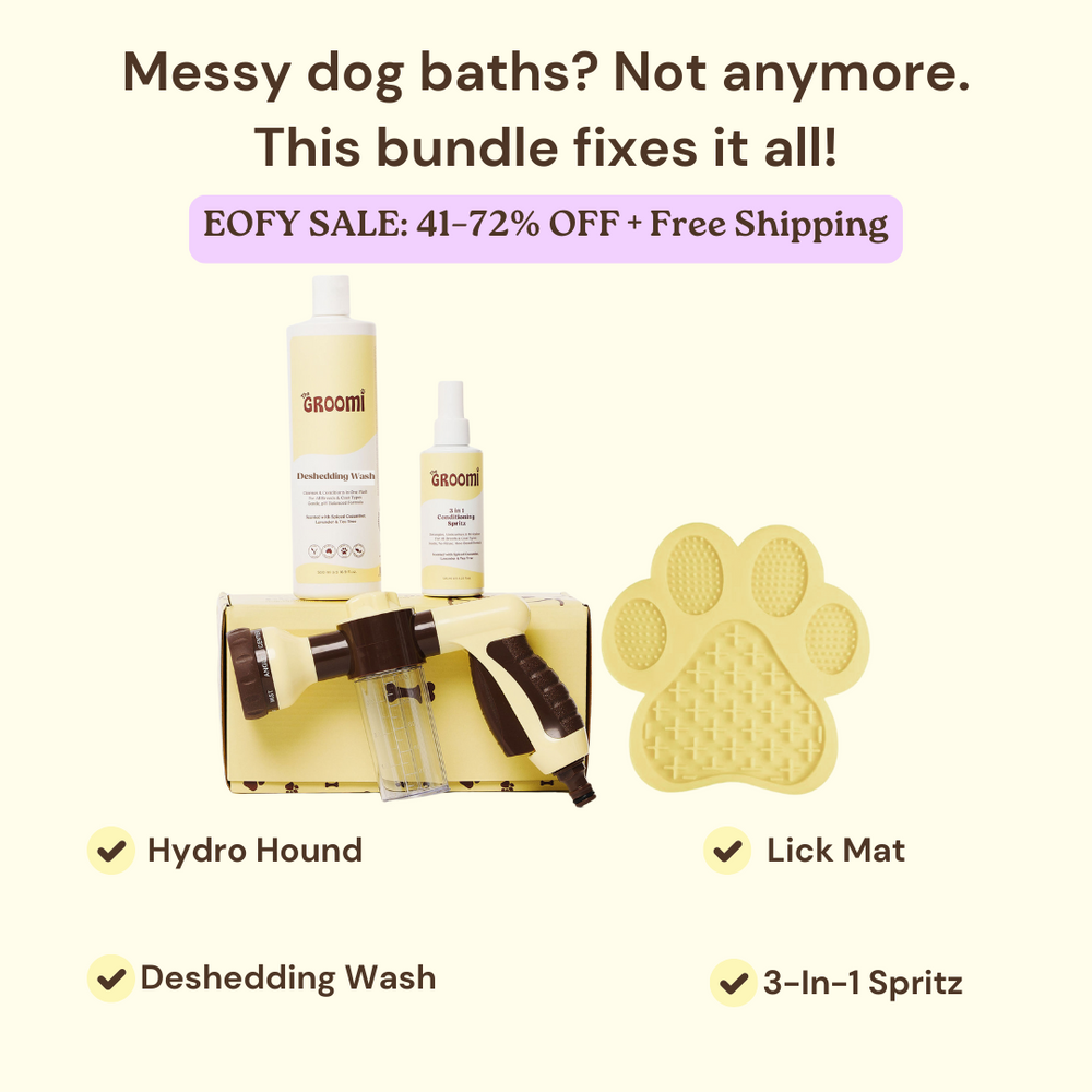 GROOMI Bath Bundle for dogs – the all-in-one dog wash kit with Hydro Hound sprayer, Deshedding Wash, 3-in-1 Spritz, and Grooming Gloves. Enjoy easy, mess-free dog baths at home. Perfect for shedding dogs. On sale now with up to 50% off and free shipping across Australia and worldwide. 