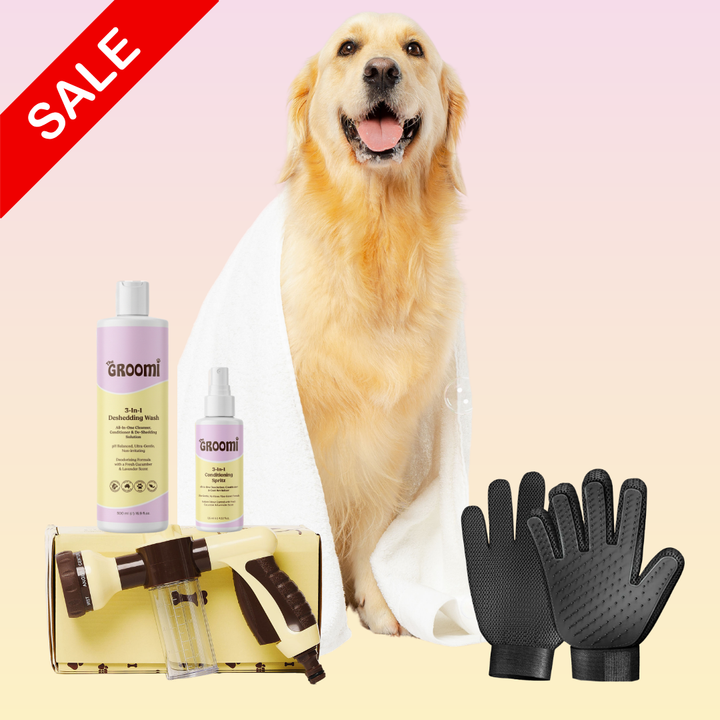 THE GROOMI: Bath Bundle — dog bathing kit, Hydro Hound hose sprayer, deshedding wash shampoo, grooming gloves, fast mess-free clean, removes dirt and loose fur, all breeds, at-home grooming, hypoallergenic formula, easy bath routine, saves time.