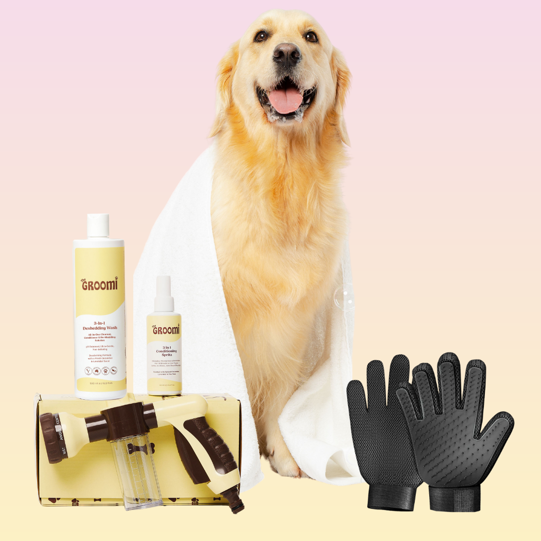 THE GROOMI: Bath Bundle — dog bathing kit, Hydro Hound hose sprayer, deshedding wash shampoo, grooming gloves, fast mess-free clean, removes dirt and loose fur, all breeds, at-home grooming, hypoallergenic formula, easy bath routine, saves time.