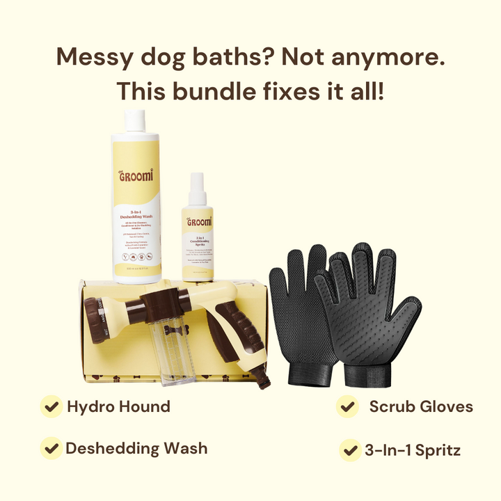 GROOMI Bath Bundle for dogs – the all-in-one dog wash kit with Hydro Hound sprayer, Deshedding Wash, 3-in-1 Spritz, and Grooming Gloves. Enjoy easy, mess-free dog baths at home. Perfect for shedding dogs. On sale now with up to 50% off and free shipping across Australia and worldwide. 