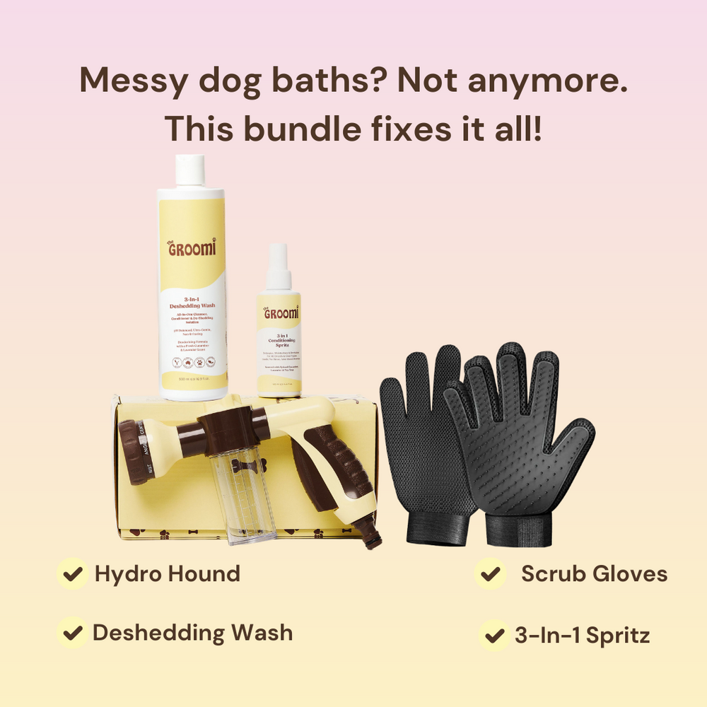 THE GROOMI: Bath Bundle — dog bathing kit, Hydro Hound hose sprayer, deshedding wash shampoo, grooming gloves, fast mess-free clean, removes dirt and loose fur, all breeds, at-home grooming, hypoallergenic formula, easy bath routine, saves time.