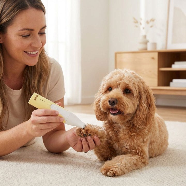 GROOMI 4-in-1 Pet Trimmer & Nail Kit: premium cordless PawSafe grooming tool for dogs and cats with precision heads for paws, body and nails, beginner-friendly design, quiet motor, safe nail guard and stainless-steel ceramic blades for stress-free grooming.