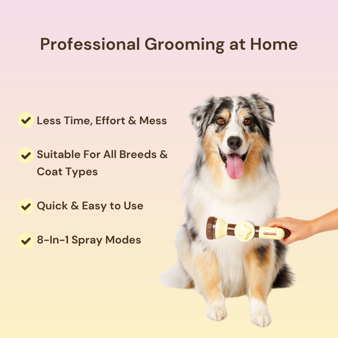 THE GROOMI: Hydro Hound — dog wash hose sprayer with foaming soap bottle, attaches to garden tap, adjustable spray, fast deep clean, removes mud and loose fur, mess-free bath, all breeds, at-home grooming, durable leak-proof fittings, saves time and water.