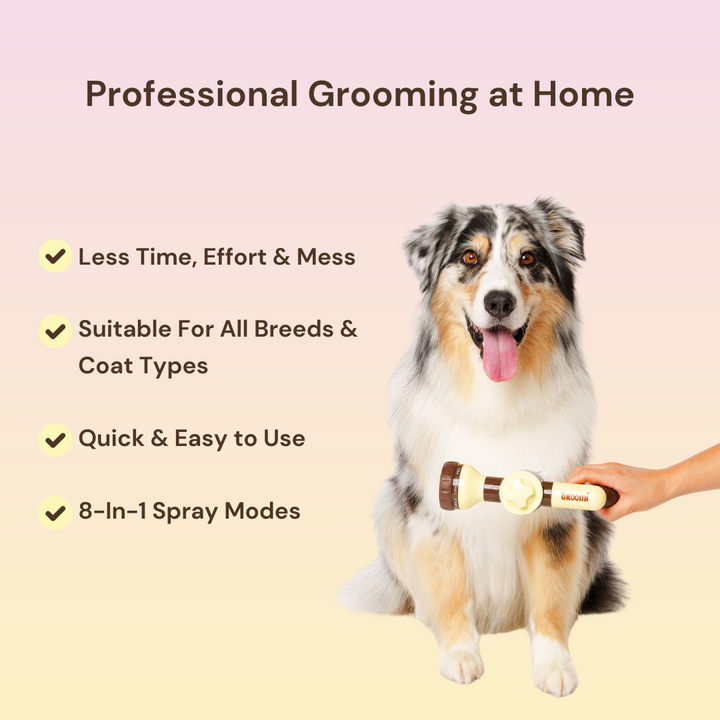 THE GROOMI: Hydro Hound — dog wash hose sprayer with foaming soap bottle, attaches to garden tap, adjustable spray, fast deep clean, removes mud and loose fur, mess-free bath, all breeds, at-home grooming, durable leak-proof fittings, saves time and water.