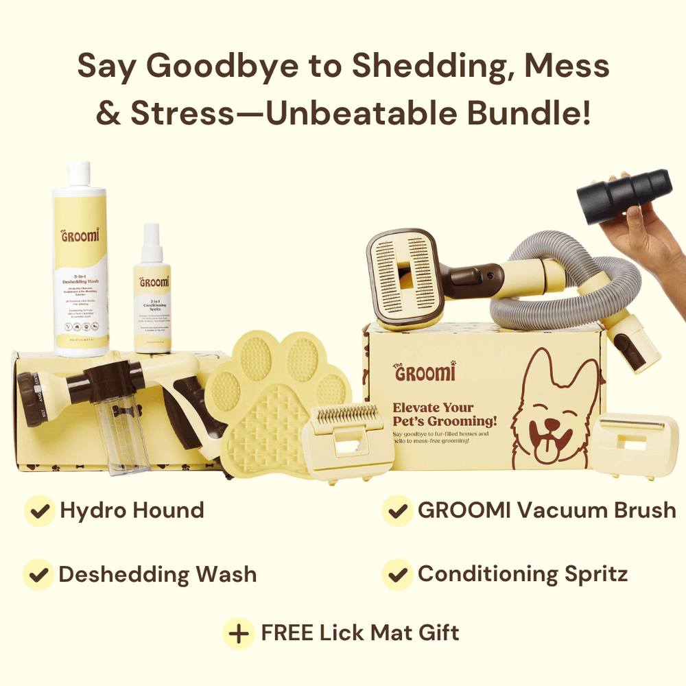 Discover the ultimate Groomi bundle! Includes the GROOMI Kit, Hydro Hound, Deshedding Wash, Spritz. Enjoy up to 50% off, FREE shipping, and a bonus gift. This limited-time offer provides mess-free, quick, and gentle grooming suitable for all breeds. Vegan, organic, and designed to keep your pet calm and engaged. Shop now for professional results at home!