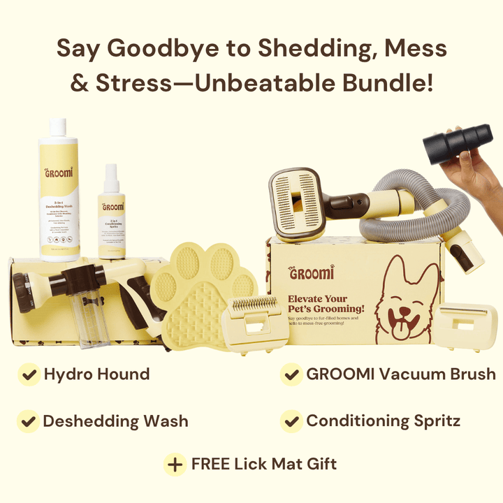 Discover the ultimate Groomi bundle! Includes the GROOMI Kit, Hydro Hound, Deshedding Wash, Spritz. Enjoy up to 50% off, FREE shipping, and a bonus gift. This limited-time offer provides mess-free, quick, and gentle grooming suitable for all breeds. Vegan, organic, and designed to keep your pet calm and engaged. Shop now for professional results at home!