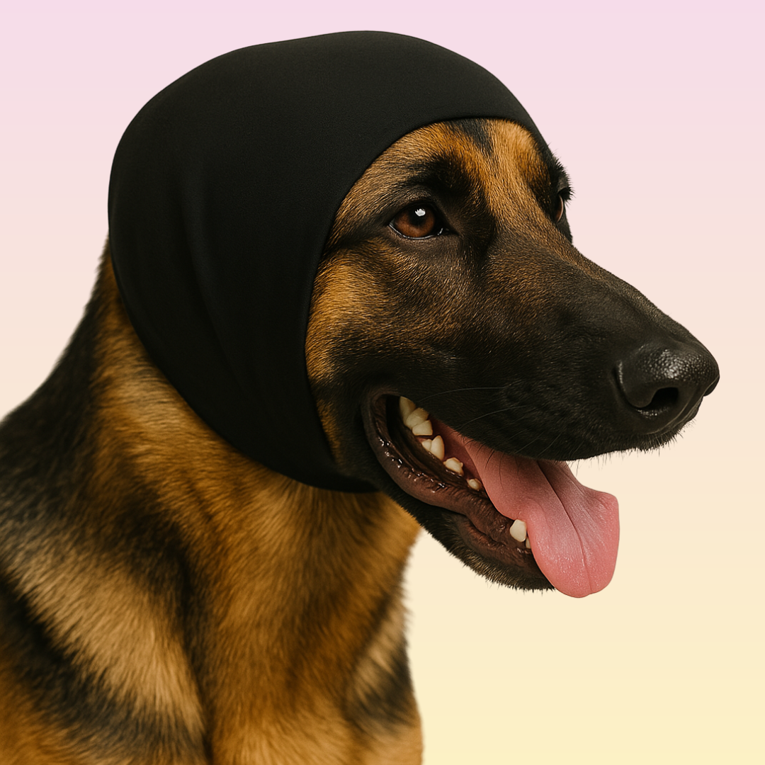 THE GROOMI: CalmEars Anti-Anxiety Dog Ear Wrap — calming ear wrap for dogs, noise anxiety relief, grooming aid, vacuum thunderstorm fireworks travel, soft stretchy fabric, adjustable secure fit, reduces stress barking shaking, washable reusable, multiple sizes, ear protection, comfortable desensitization training.