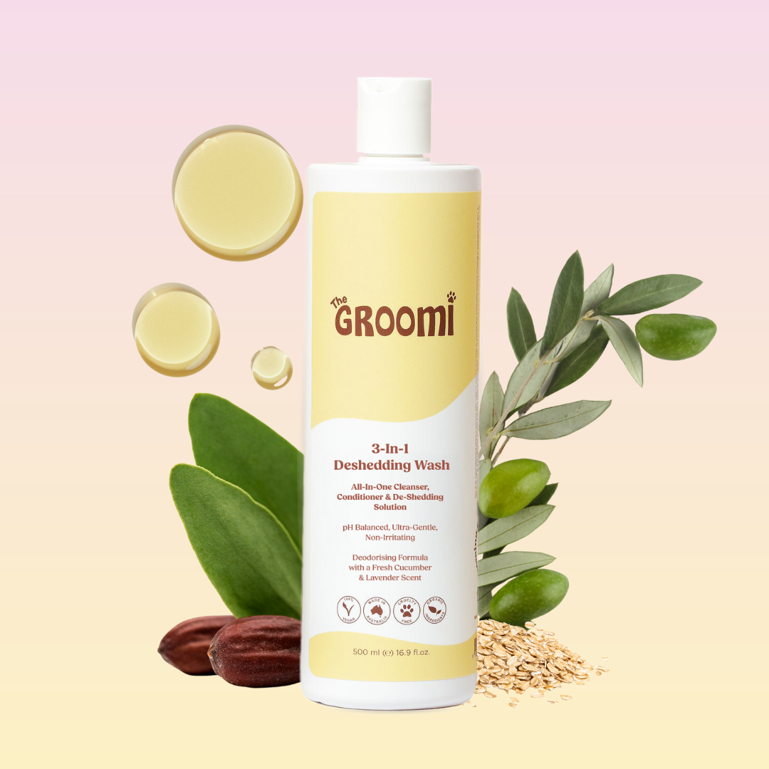 THE GROOMI: Conditioning Wash — dog deshedding shampoo, deep clean, reduces shedding and odor, moisturising, pH-balanced, hypoallergenic, soap-free, fast rinse, for puppies and adult dogs, all coat types, sensitive skin, grooming essential, fresh scent.