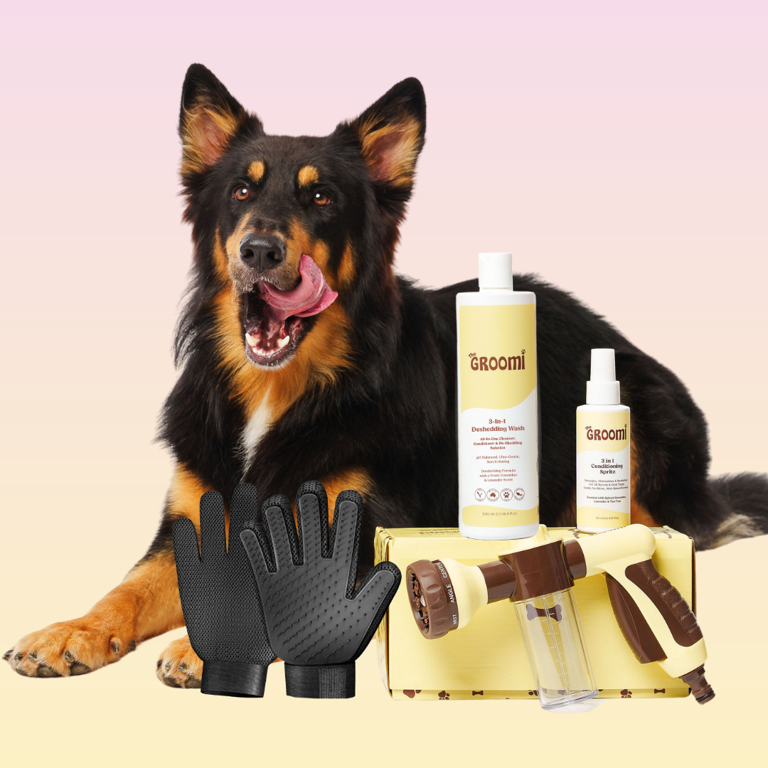 THE GROOMI: Bath Bundle — dog bathing kit, Hydro Hound hose sprayer, deshedding wash shampoo, grooming gloves, fast mess-free clean, removes dirt and loose fur, all breeds, at-home grooming, hypoallergenic formula, easy bath routine, saves time.
