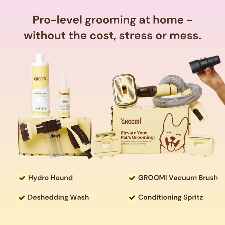 THE GROOMI: Brush & Bath Bundle — 3-in-1 vacuum pet brush + Hydro Hound sprayer + deshedding wash, mess-free grooming, removes loose fur and dirt, self-cleaning brush, fits most vacuums, fast at-home dog bath, hypoallergenic formula, for short medium long coats, reduces shedding and allergens.
