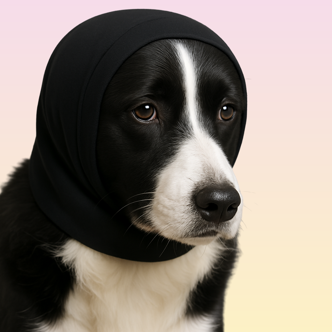 THE GROOMI: CalmEars Anti-Anxiety Dog Ear Wrap — calming ear wrap for dogs, noise anxiety relief, grooming aid, vacuum thunderstorm fireworks travel, soft stretchy fabric, adjustable secure fit, reduces stress barking shaking, washable reusable, multiple sizes, ear protection, comfortable desensitization training.