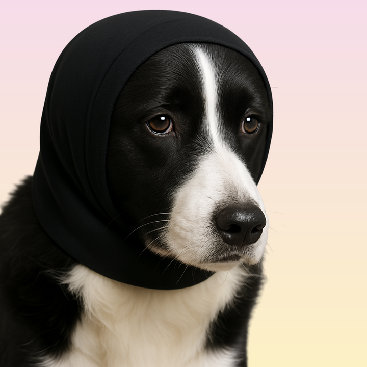 THE GROOMI: CalmEars Anti-Anxiety Dog Ear Wrap — calming ear wrap for dogs, noise anxiety relief, grooming aid, vacuum thunderstorm fireworks travel, soft stretchy fabric, adjustable secure fit, reduces stress barking shaking, washable reusable, multiple sizes, ear protection, comfortable desensitization training.