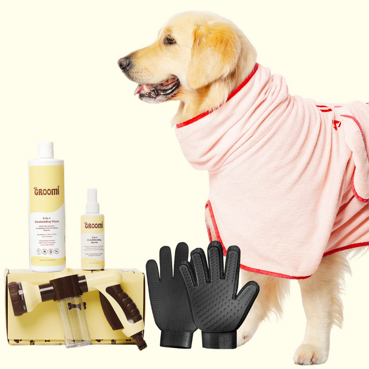 GROOMI Bath Bundle for dogs – the all-in-one dog wash kit with Hydro Hound sprayer, Deshedding Wash, 3-in-1 Spritz, and Grooming Gloves. Enjoy easy, mess-free dog baths at home. Perfect for shedding dogs. On sale now with up to 50% off and free shipping across Australia and worldwide. 