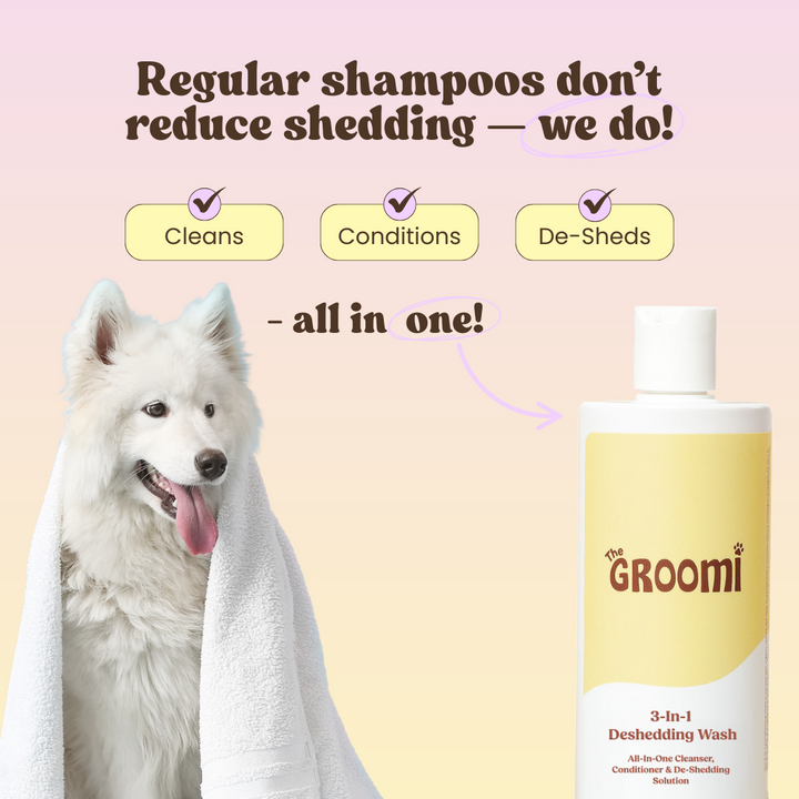 THE GROOMI: Conditioning Wash — dog deshedding shampoo, deep clean, reduces shedding and odor, moisturising, pH-balanced, hypoallergenic, soap-free, fast rinse, for puppies and adult dogs, all coat types, sensitive skin, grooming essential, fresh scent.