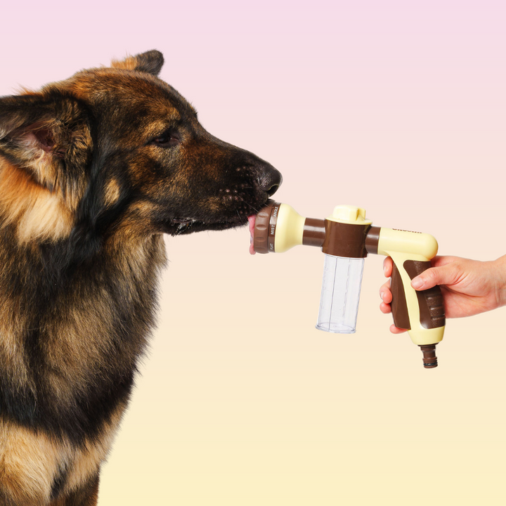 THE GROOMI: Hydro Hound — dog wash hose sprayer with foaming soap bottle, attaches to garden tap, adjustable spray, fast deep clean, removes mud and loose fur, mess-free bath, all breeds, at-home grooming, durable leak-proof fittings, saves time and water.