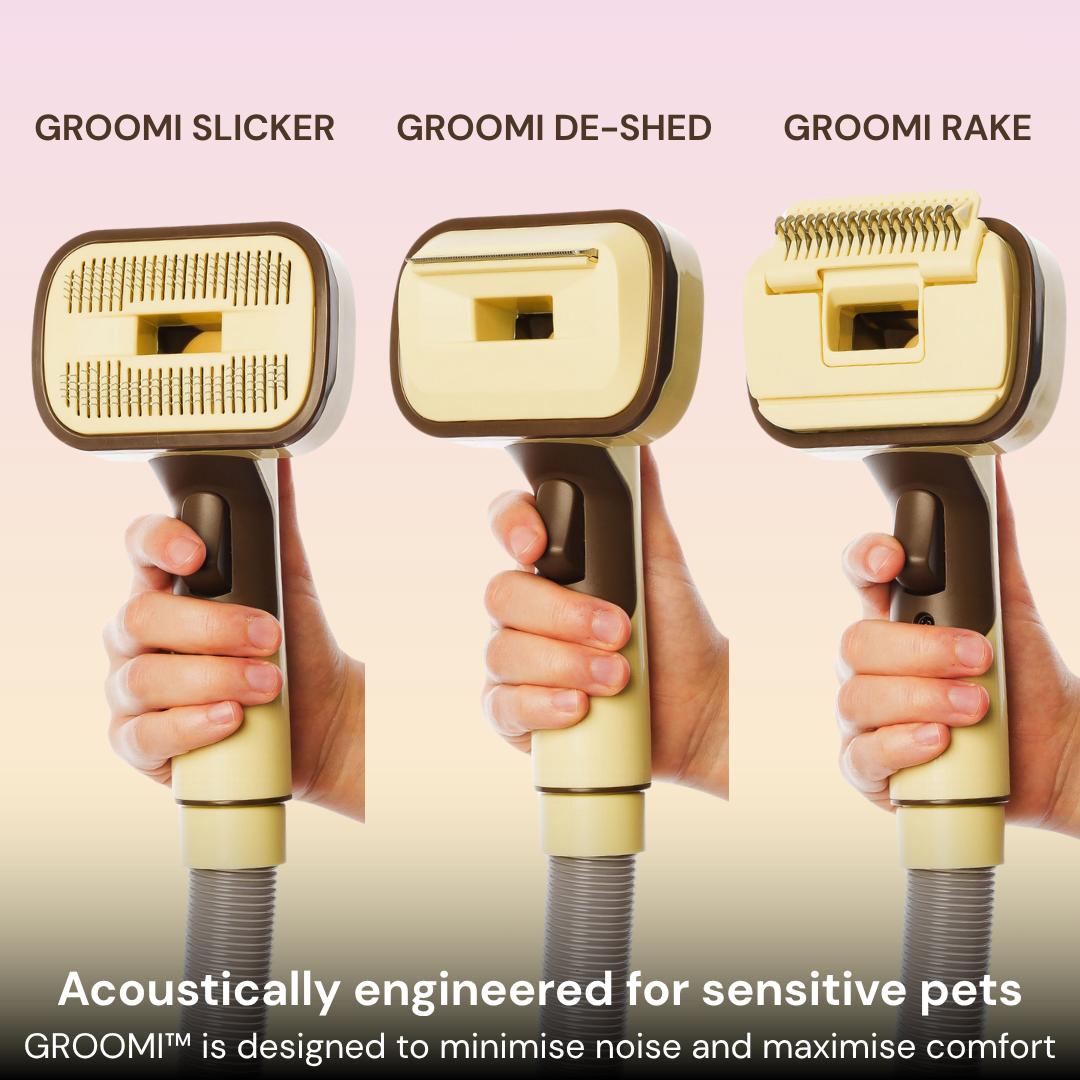 THE GROOMI: GROOMI 3-in-1 Vacuum Pet Brush Kit — self-cleaning dog grooming brush, slicker rake deshed heads, fits any vacuum up to 45mm, removes loose fur, mess-free de-shedding, for short medium long coats, reduces shedding allergies, at-home grooming tool.