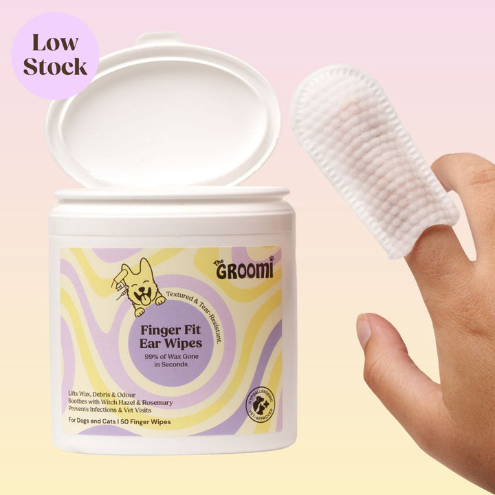 THE GROOMI: GROOMI™ Ear Wipes — dog & cat ear cleaning wipes, finger-shaped textured, removes wax dirt odor, gentle witch hazel rosemary, hypoallergenic, vet-approved, mess-free, 50 pack, prevents infections, pet grooming, sensitive ears, fast easy at-home care.