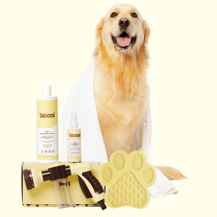 Discover the ultimate Groomi bundle! Includes the GROOMI Kit, Hydro Hound, Deshedding Wash, Spritz. Enjoy up to 50% off, FREE shipping, and a bonus gift. This limited-time offer provides mess-free, quick, and gentle grooming suitable for all breeds. Vegan, organic, and designed to keep your pet calm and engaged. Shop now for professional results at home!
