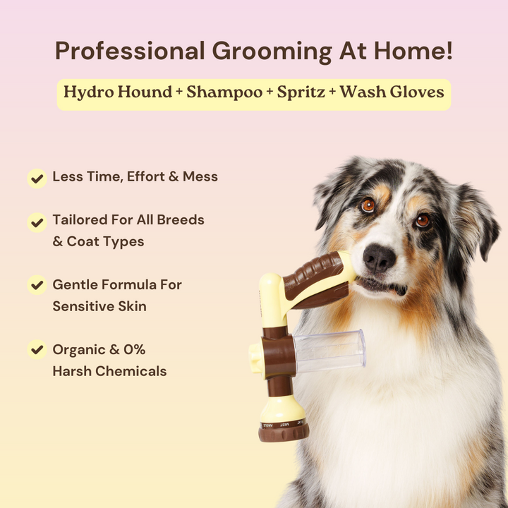 THE GROOMI: Bath Bundle — dog bathing kit, Hydro Hound hose sprayer, deshedding wash shampoo, grooming gloves, fast mess-free clean, removes dirt and loose fur, all breeds, at-home grooming, hypoallergenic formula, easy bath routine, saves time.