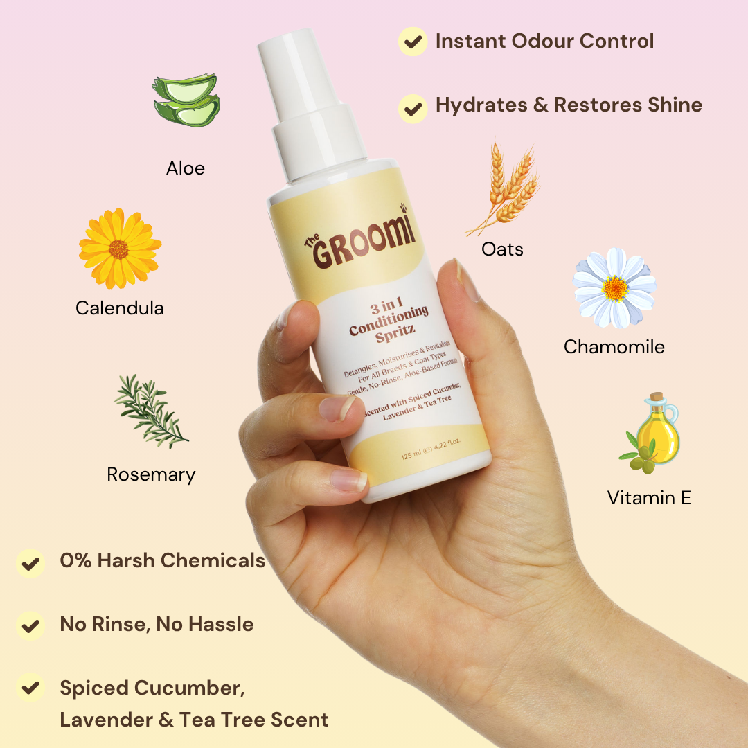 THE GROOMI: 3-in-1 Conditioning Spritz — leave-in pet conditioning spray, detangles, deodorizes, hydrates, reduces static, adds shine, quick freshen-up between baths, hypoallergenic, gentle daily use, safe for dogs & cats, grooming finisher, fresh scent.
