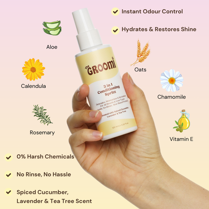 THE GROOMI: 3-in-1 Conditioning Spritz — leave-in pet conditioning spray, detangles, deodorizes, hydrates, reduces static, adds shine, quick freshen-up between baths, hypoallergenic, gentle daily use, safe for dogs & cats, grooming finisher, fresh scent.