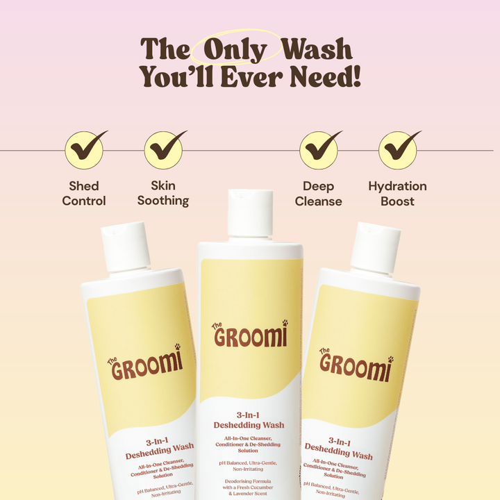 THE GROOMI: Conditioning Wash — dog deshedding shampoo, deep clean, reduces shedding and odor, moisturising, pH-balanced, hypoallergenic, soap-free, fast rinse, for puppies and adult dogs, all coat types, sensitive skin, grooming essential, fresh scent.