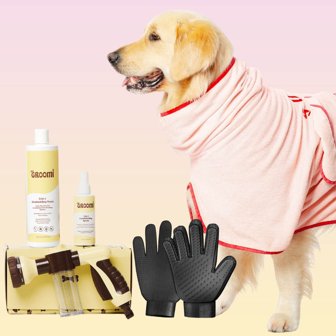 THE GROOMI: Bath Bundle — dog bathing kit, Hydro Hound hose sprayer, deshedding wash shampoo, grooming gloves, fast mess-free clean, removes dirt and loose fur, all breeds, at-home grooming, hypoallergenic formula, easy bath routine, saves time.
