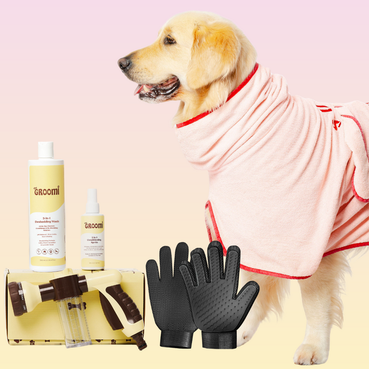 THE GROOMI: Bath Bundle — dog bathing kit, Hydro Hound hose sprayer, deshedding wash shampoo, grooming gloves, fast mess-free clean, removes dirt and loose fur, all breeds, at-home grooming, hypoallergenic formula, easy bath routine, saves time.