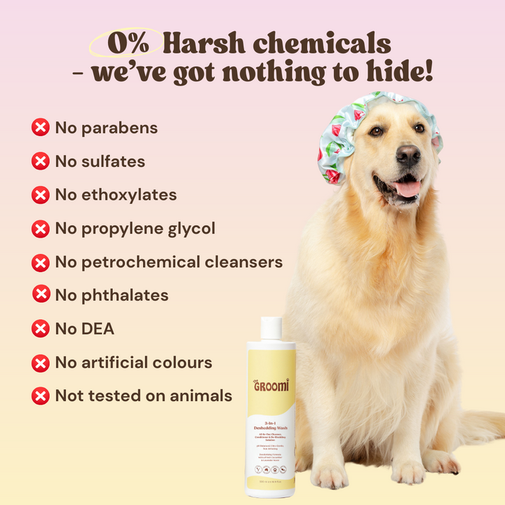 THE GROOMI: Conditioning Wash — dog deshedding shampoo, deep clean, reduces shedding and odor, moisturising, pH-balanced, hypoallergenic, soap-free, fast rinse, for puppies and adult dogs, all coat types, sensitive skin, grooming essential, fresh scent.