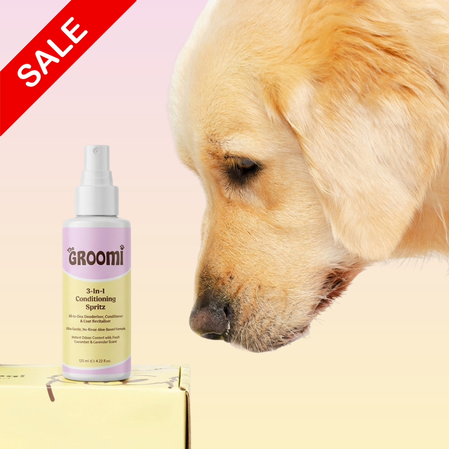 THE GROOMI: 3-in-1 Conditioning Spritz — leave-in pet conditioning spray, detangles, deodorizes, hydrates, reduces static, adds shine, quick freshen-up between baths, hypoallergenic, gentle daily use, safe for dogs & cats, grooming finisher, fresh scent.