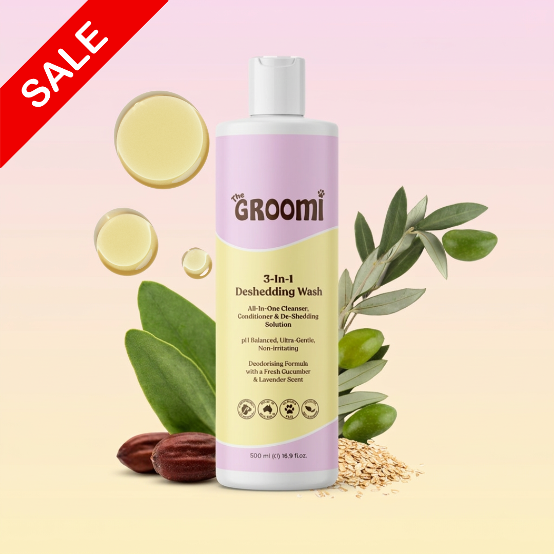 THE GROOMI: Conditioning Wash — dog deshedding shampoo, deep clean, reduces shedding and odor, moisturising, pH-balanced, hypoallergenic, soap-free, fast rinse, for puppies and adult dogs, all coat types, sensitive skin, grooming essential, fresh scent.
