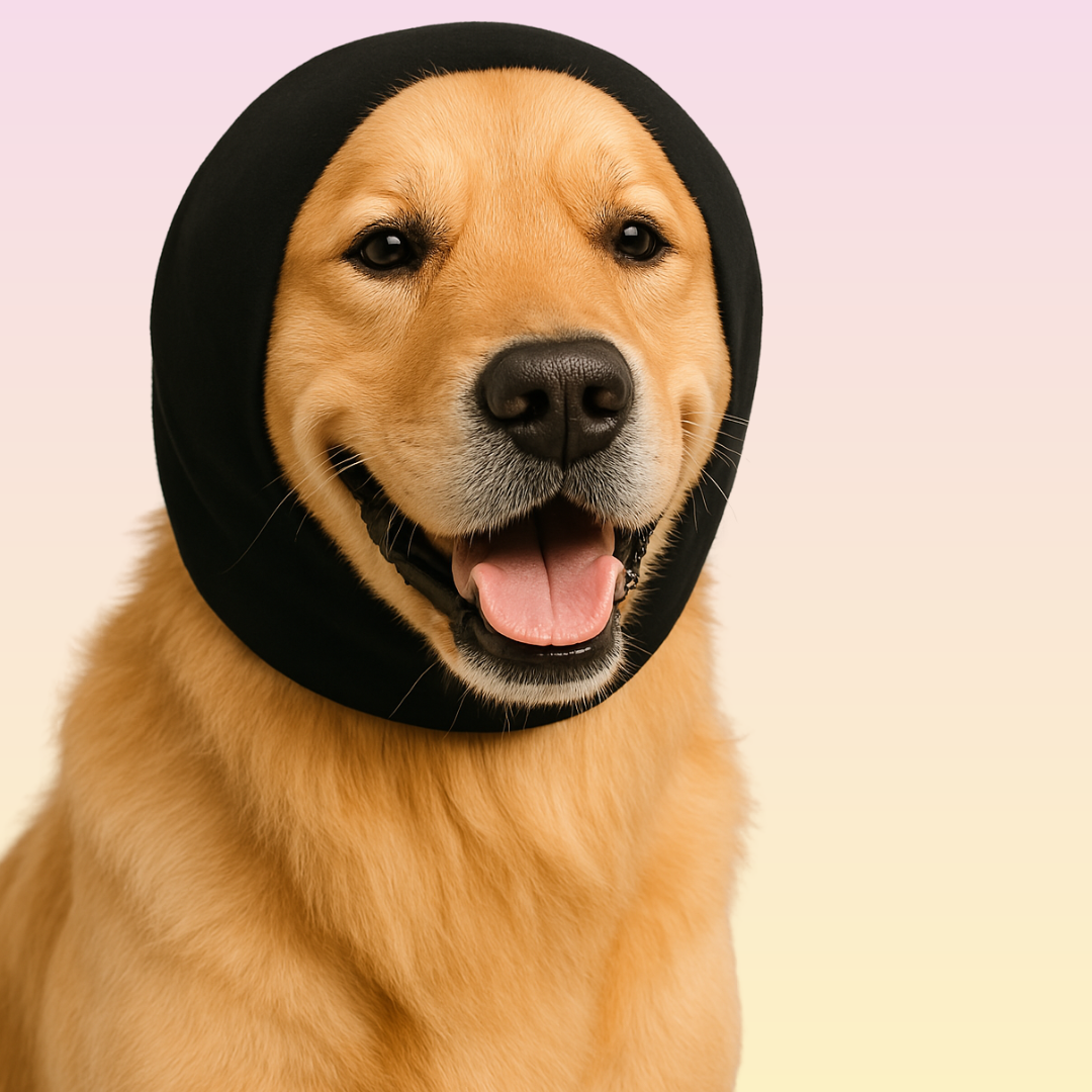 THE GROOMI: CalmEars Anti-Anxiety Dog Ear Wrap — calming ear wrap for dogs, noise anxiety relief, grooming aid, vacuum thunderstorm fireworks travel, soft stretchy fabric, adjustable secure fit, reduces stress barking shaking, washable reusable, multiple sizes, ear protection, comfortable desensitization training.