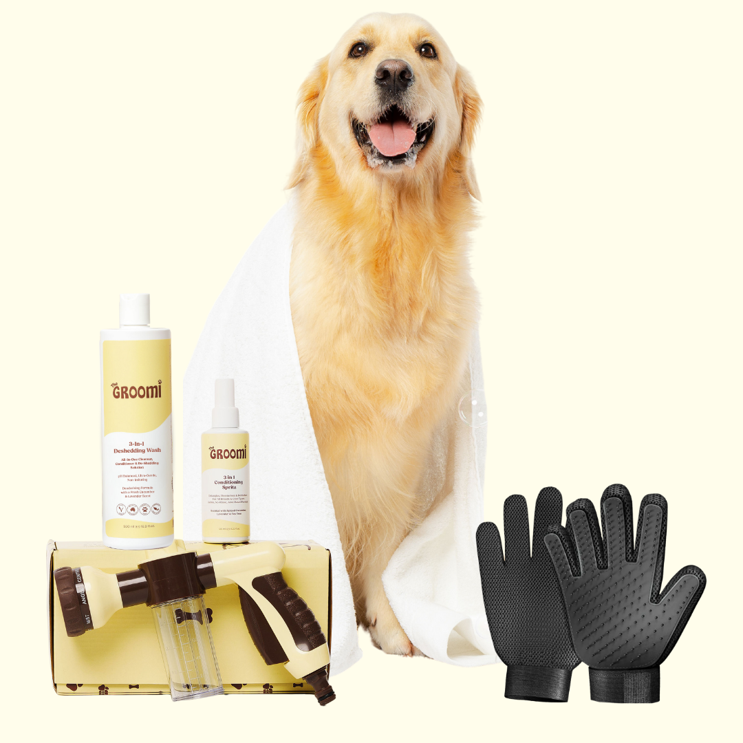 GROOMI Bath Bundle for dogs – the all-in-one dog wash kit with Hydro Hound sprayer, Deshedding Wash, 3-in-1 Spritz, and Grooming Gloves. Enjoy easy, mess-free dog baths at home. Perfect for shedding dogs. On sale now with up to 50% off and free shipping across Australia and worldwide. 