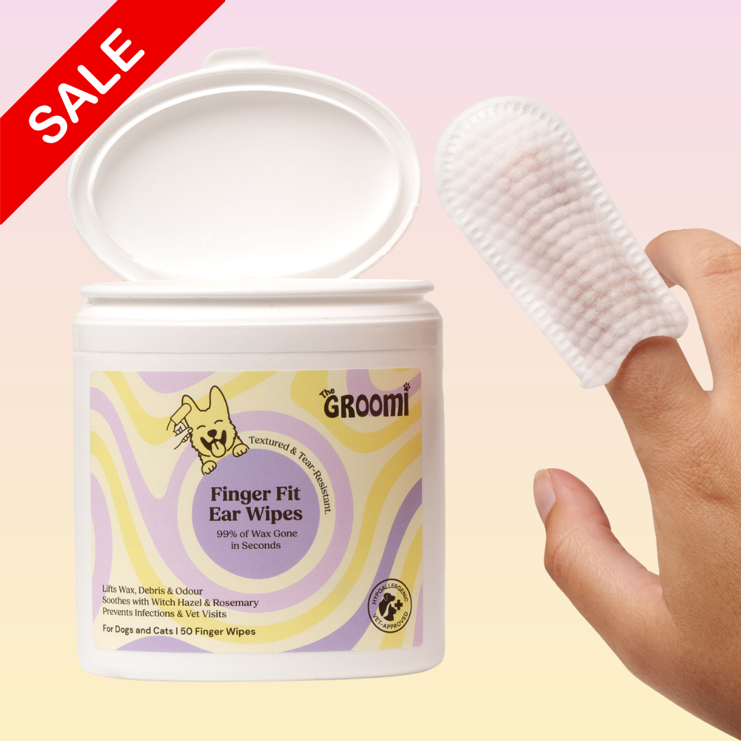 THE GROOMI: GROOMI™ Ear Wipes — dog & cat ear cleaning wipes, finger-shaped textured, removes wax dirt odor, gentle witch hazel rosemary, hypoallergenic, vet-approved, mess-free, 50 pack, prevents infections, pet grooming, sensitive ears, fast easy at-home care.