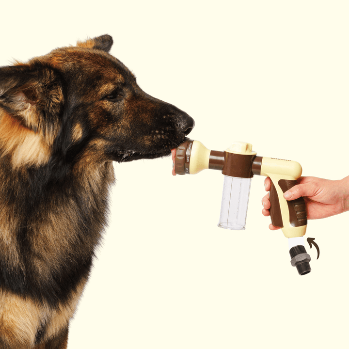 The Groomi: A Hydro Hound adapter connecting a pet bathing hose to an indoor shower, making it easy to give dogs a warm and comfortable bath.