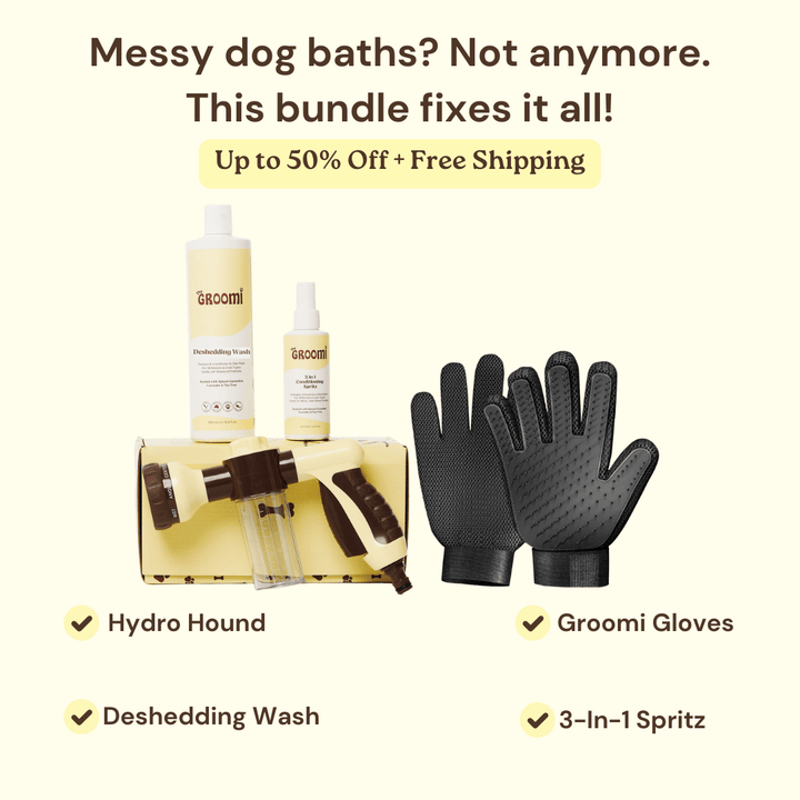 GROOMI Bath Bundle for dogs – the all-in-one dog wash kit with Hydro Hound sprayer, Deshedding Wash, 3-in-1 Spritz, and Grooming Gloves. Enjoy easy, mess-free dog baths at home. Perfect for shedding dogs. On sale now with up to 50% off and free shipping across Australia and worldwide. 