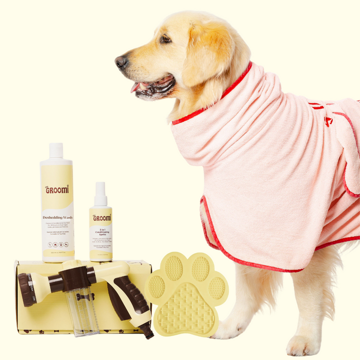 GROOMI Bath Bundle for dogs – the all-in-one dog wash kit with Hydro Hound sprayer, Deshedding Wash, 3-in-1 Spritz, and Grooming Gloves. Enjoy easy, mess-free dog baths at home. Perfect for shedding dogs. On sale now with up to 50% off and free shipping across Australia and worldwide. 