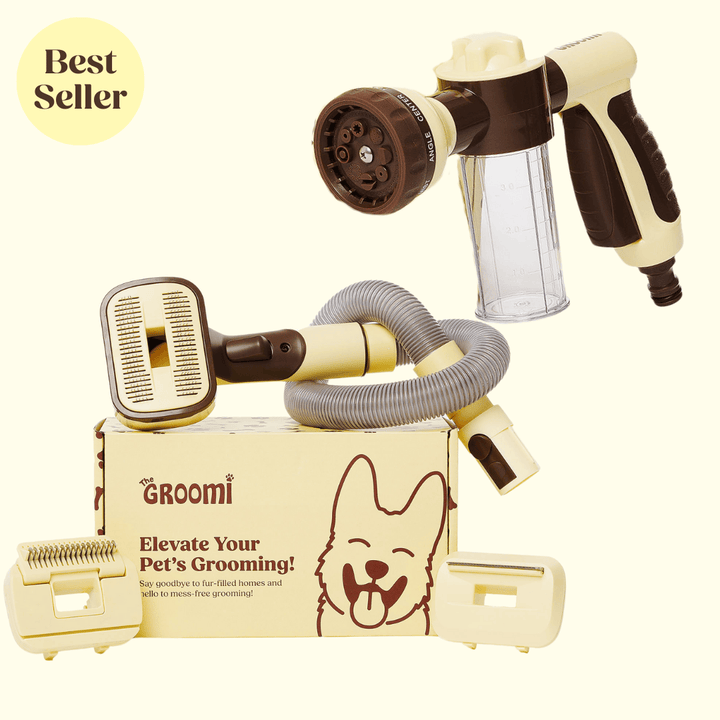 The GROOMI Kit is a quick, mess-free dog grooming brush that connects to vacuums. Ideal for all dog hair types, it features three heads: Slicker, De-Shed, and Rake. This self-cleaning tool captures loose fur efficiently, is allergen-friendly, and perfect for home use. Reduces shedding, saves time, and maintains a clean, fur-free home. Includes a universal vacuum adapter and storage bag, making grooming simple and effective for any dog breed.