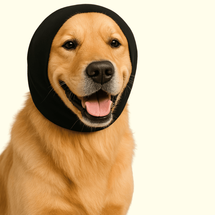 A soft, stretchy dog ear wrap designed to reduce noise from vacuums, dryers, thunder, and grooming tools. Helps soothe anxious dogs and prevent stress during loud moments.