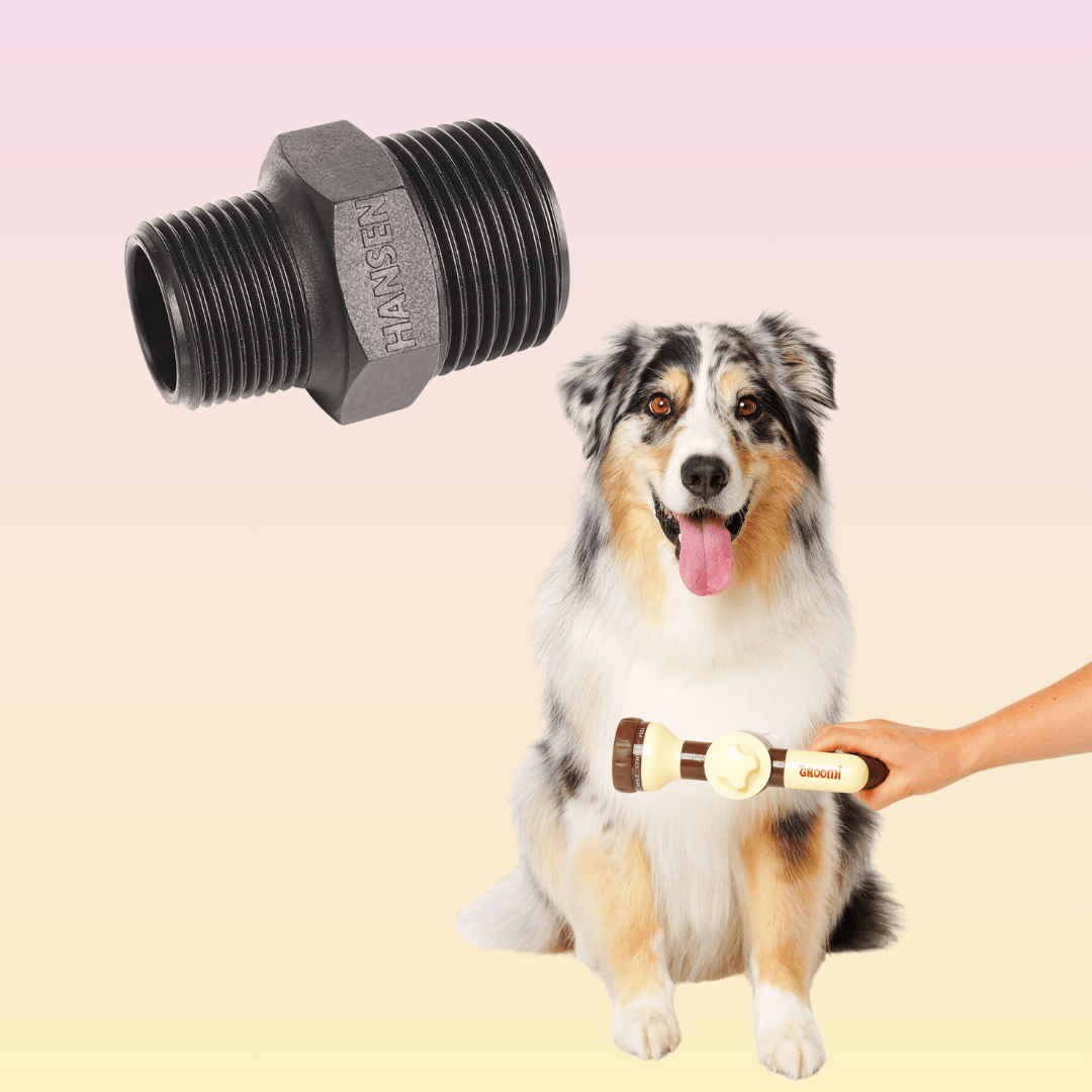 The Groomi: A Hydro Hound adapter connecting a pet bathing hose to an indoor shower, making it easy to give dogs a warm and comfortable bath.