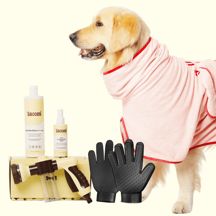 GROOMI Bath Bundle for dogs – the all-in-one dog wash kit with Hydro Hound sprayer, Deshedding Wash, 3-in-1 Spritz, and Grooming Gloves. Enjoy easy, mess-free dog baths at home. Perfect for shedding dogs. On sale now with up to 50% off and free shipping across Australia and worldwide. 