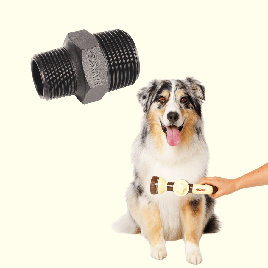 The Groomi: A Hydro Hound adapter connecting a pet bathing hose to an indoor shower, making it easy to give dogs a warm and comfortable bath.