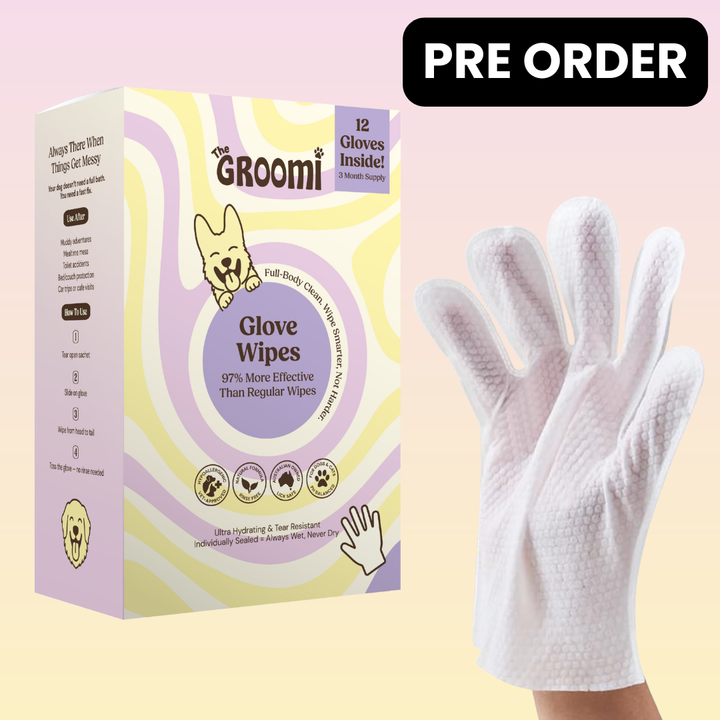 THE GROOMI: Groomi Glove Wipes — glove-shaped pet cleaning wipes, rinse-free full-body clean, removes dirt and odor, durable soft non-tearing, individually sealed, hydrating, hypoallergenic, for dogs & cats, travel friendly, quick cleanup between baths, grooming essentials.
