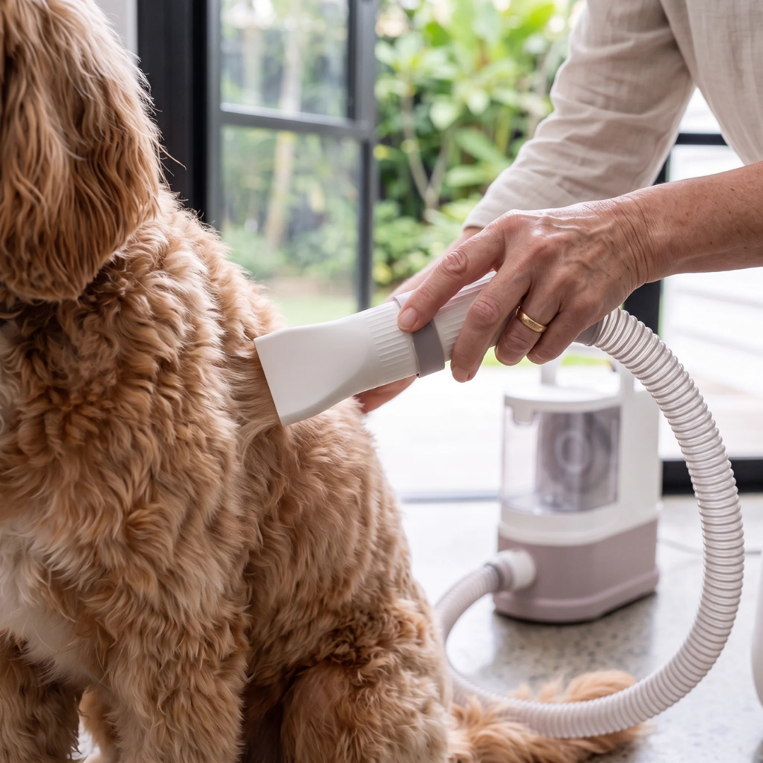 The GROOMI 10-in-1 Pet Grooming System is the complete mess-free grooming kit for dogs and cats — a professional pet grooming vacuum, dryer and clipper in one machine. Brush, de-shed, dry and trim at home while every hair is captured at the source. Ten professional-grade tools including a deshedding tool, slicker brush, undercoat rake, pro clipper with comb guards and three dryer nozzles, powered by a built-in 550W vacuum and 850W warm-air dryer with a quiet 53dB Eco mode. Designed by professional groomers 