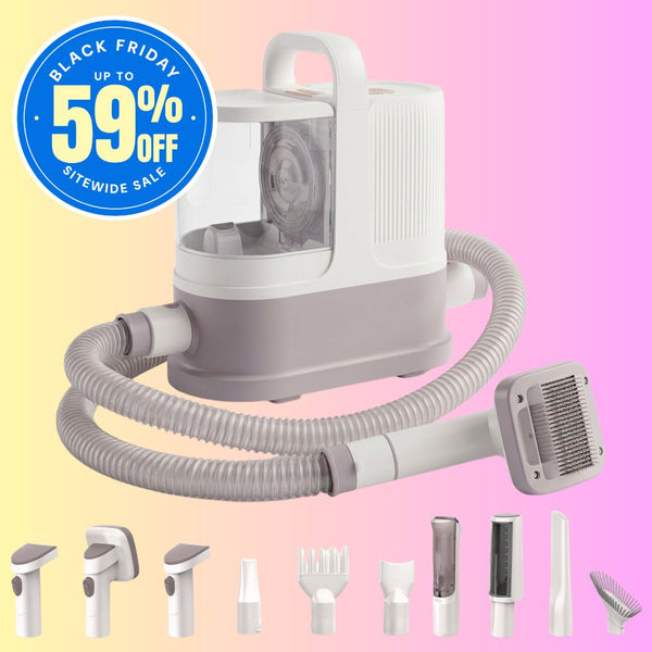 The GROOMI 10-in-1 Pet Grooming System is the complete mess-free grooming kit for dogs and cats — a professional pet grooming vacuum, dryer and clipper in one machine. Brush, de-shed, dry and trim at home while every hair is captured at the source. Ten professional-grade tools including a deshedding tool, slicker brush, undercoat rake, pro clipper with comb guards and three dryer nozzles, powered by a built-in 550W vacuum and 850W warm-air dryer with a quiet 53dB Eco mode. Designed by professional groomers 