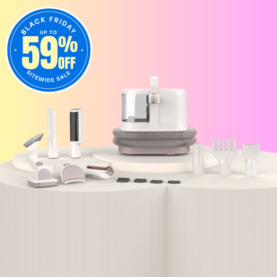 The GROOMI 10-in-1 Pet Grooming System is the complete mess-free grooming kit for dogs and cats — a professional pet grooming vacuum, dryer and clipper in one machine. Brush, de-shed, dry and trim at home while every hair is captured at the source. Ten professional-grade tools including a deshedding tool, slicker brush, undercoat rake, pro clipper with comb guards and three dryer nozzles, powered by a built-in 550W vacuum and 850W warm-air dryer with a quiet 53dB Eco mode. Designed by professional groomers 