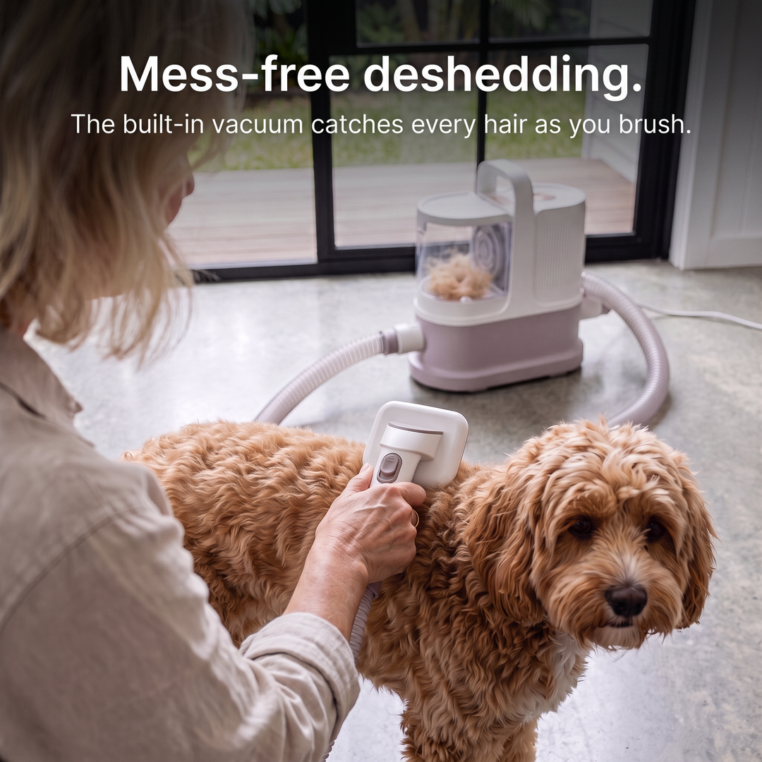 The GROOMI 10-in-1 Pet Grooming System is the complete mess-free grooming kit for dogs and cats — a professional pet grooming vacuum, dryer and clipper in one machine. Brush, de-shed, dry and trim at home while every hair is captured at the source. Ten professional-grade tools including a deshedding tool, slicker brush, undercoat rake, pro clipper with comb guards and three dryer nozzles, powered by a built-in 550W vacuum and 850W warm-air dryer with a quiet 53dB Eco mode. Designed by professional groomers 