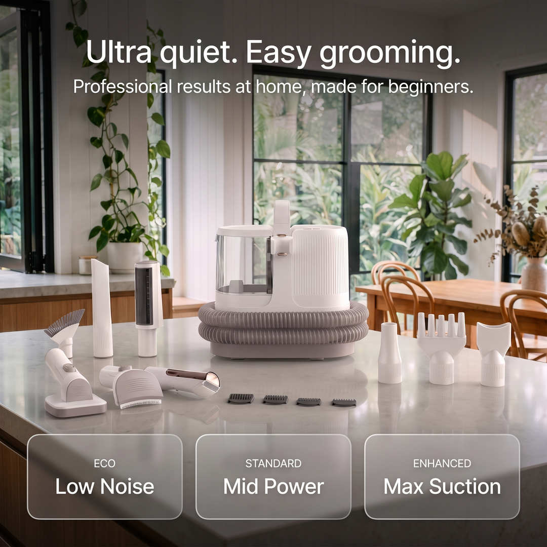 The GROOMI 10-in-1 Pet Grooming System is the complete mess-free grooming kit for dogs and cats — a professional pet grooming vacuum, dryer and clipper in one machine. Brush, de-shed, dry and trim at home while every hair is captured at the source. Ten professional-grade tools including a deshedding tool, slicker brush, undercoat rake, pro clipper with comb guards and three dryer nozzles, powered by a built-in 550W vacuum and 850W warm-air dryer with a quiet 53dB Eco mode. Designed by professional groomers 