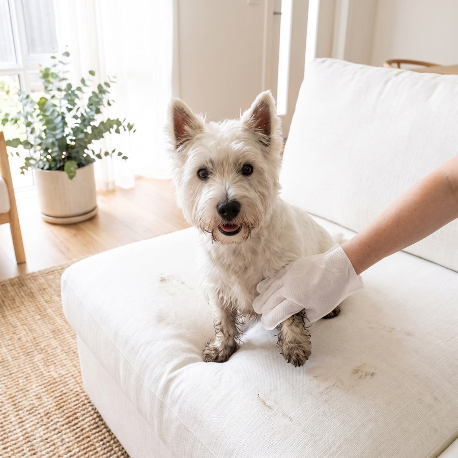 Westie being wiped down with a GROOMI Glove Wipe on the couch